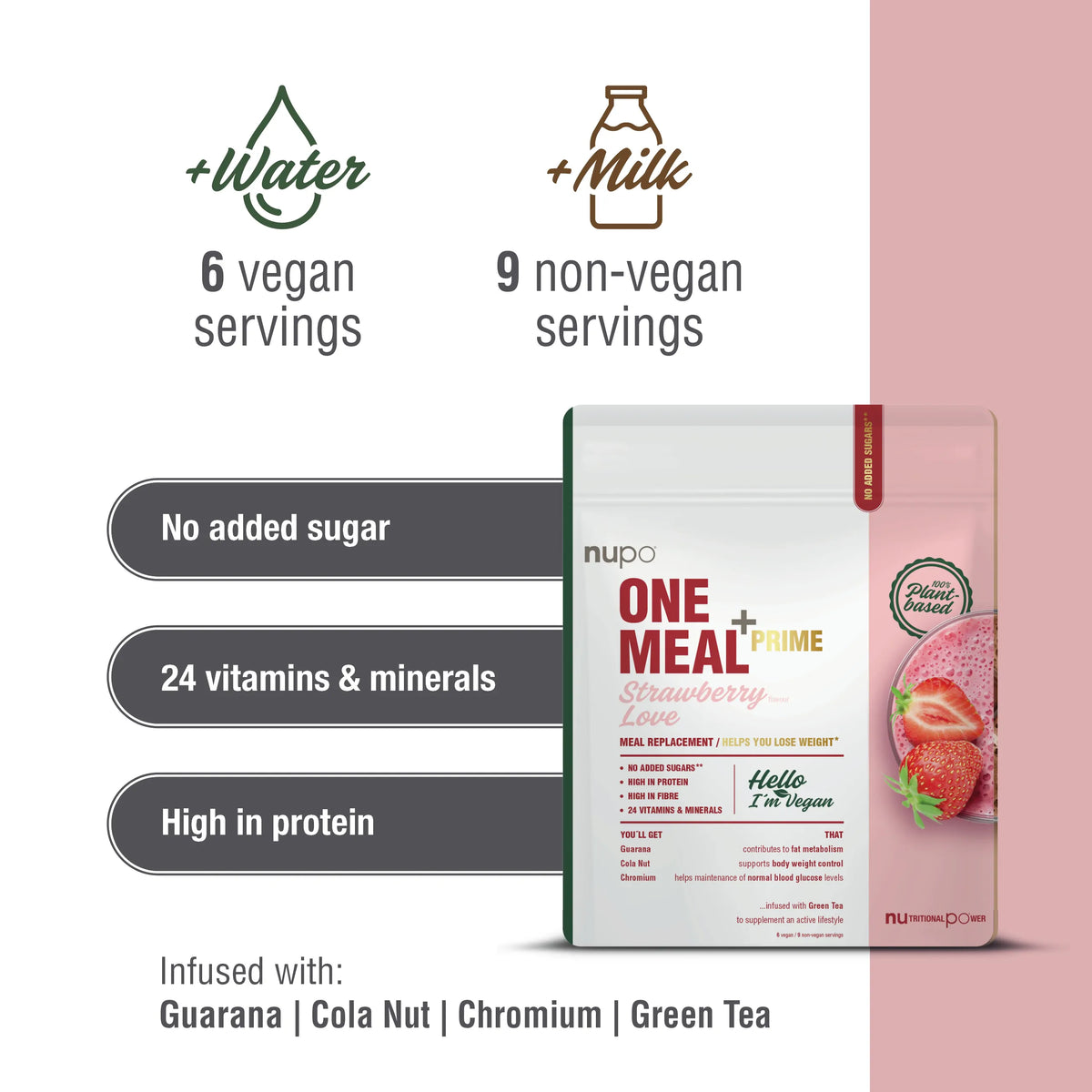 NUPO One Meal +Prime Vegan, 6/9 porcií Jahoda, bez laktózy